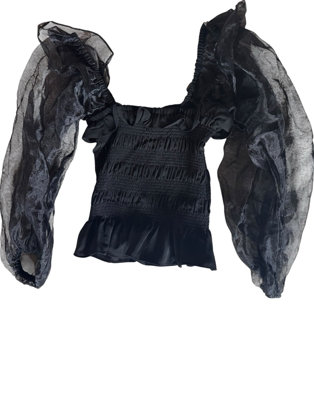 DO+BE Black Smocked Statement Top with Sheer Organza Balloon Sleeves S